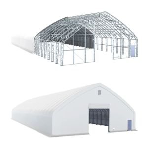 TMG Industrial Pro Series 70' x 150' Dual Truss Storage Shelter with Heavy Duty 32 oz PVC Cover & Drive Through Doors, TMG-DT70150-PRO