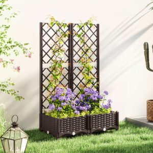 Outsunny Raised Garden Bed with Trellis, Plastic Raised Flower Bed with Drainage Holes and Drain Plugs, 32" x 16" x 48" | Aosom Canada