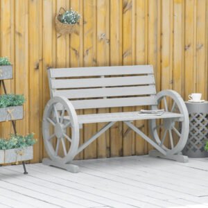 Outsunny 42" Wood Wagon Wheel Bench Rustic Garden Loveseat Outdoor Lounge Chair Grey | Aosom Canada