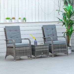 Outsunny 3 Piece Outdoor PE Rattan Patio Furniture Set Bistro Set w/ Cushions, Tempered Glass Tabletop for Balcony, Pool, Grey | Aosom Canada