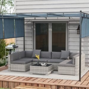 Outsunny 7pc Patio Wicker Set with Tea Table Weather-Resistant Outdoor Lounge Furniture Grey | Aosom Canada