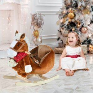 Qaba Kids Ride On Rocking Horse with Cradlesong Handle Grip Hand Puppet Traditional Toy Gift for Children 18-36 Months Brown | Aosom Canada