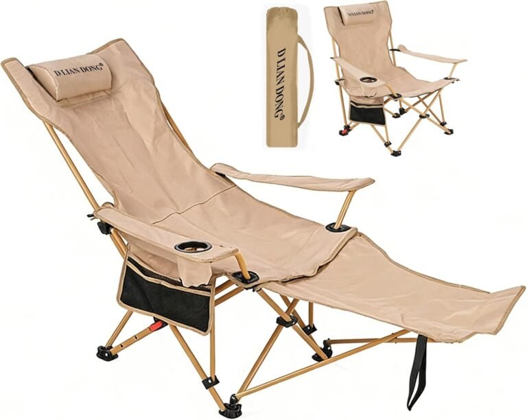 Reclining Camping Chair with Footrest, 4-Position Adjustable Back Folding Lounge Chair for Adult | Heavy-Duty Beach Chairs with Cup Holder & Carry Bag for Beach, Camping, Backyard, Fishing