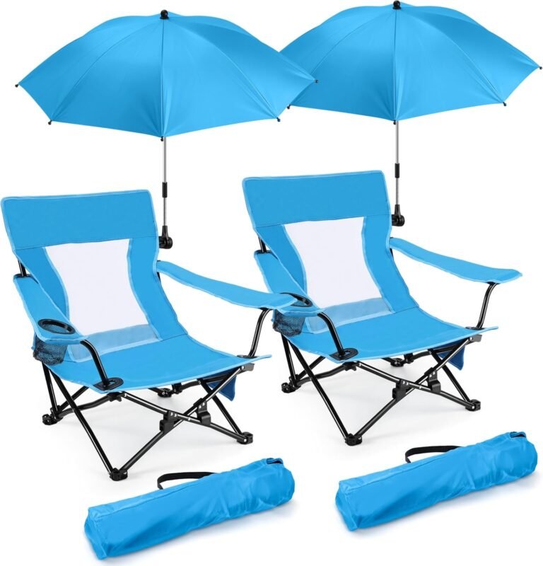 Joyfair Beach Camping Chair with Umbrellas, 2 Pack Outdoor Folding Low Camp Chairs for Adults, Heavy Duty Portable Chair with Umbrella for Outside Fishing, Lawn, Sport, Cup Holder & Carry Bag (Blue)