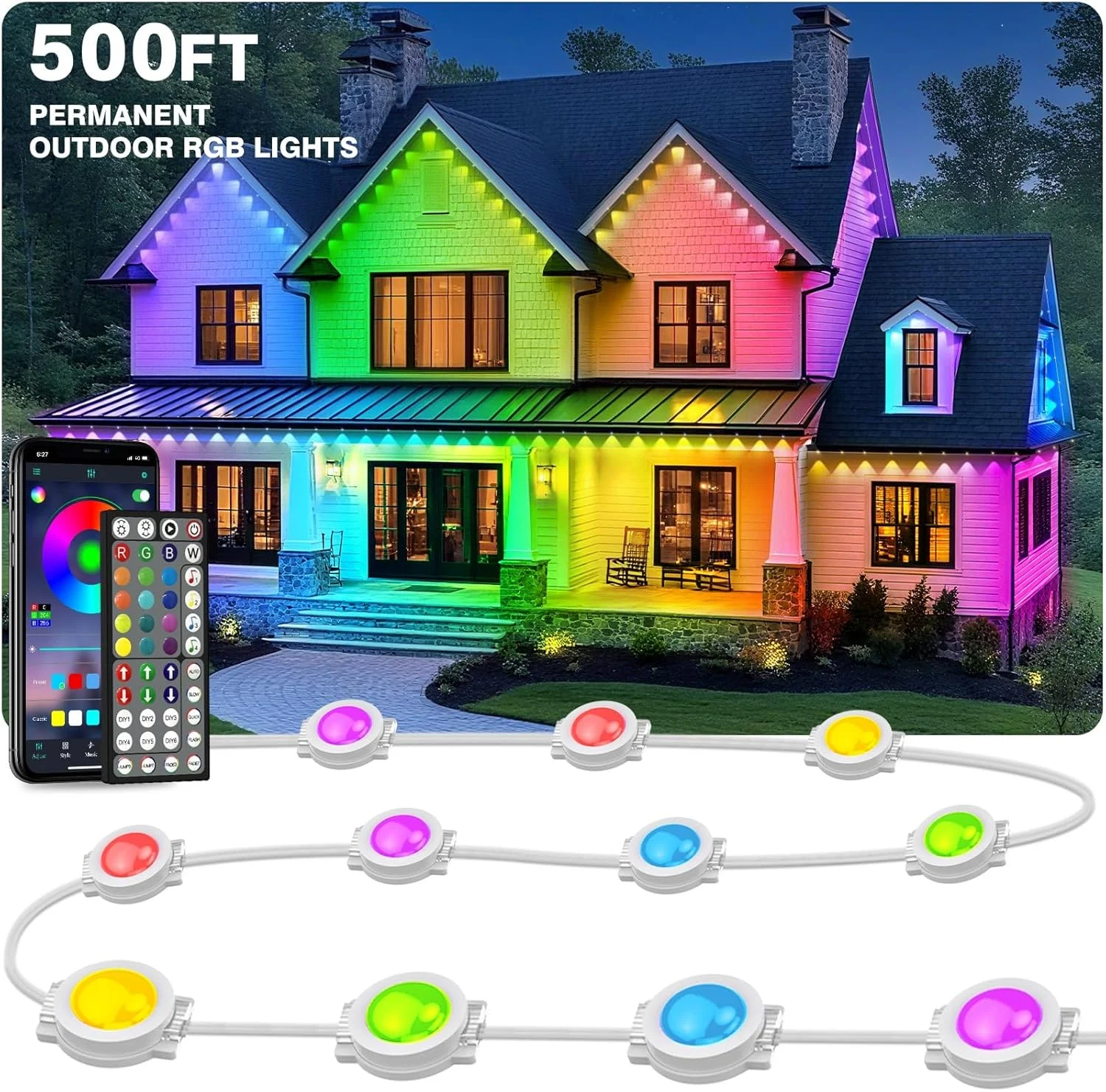 Illuminate Your Outdoors with 500FT Permanent Outdoor Lights for House – Smart RGB LED Lighting