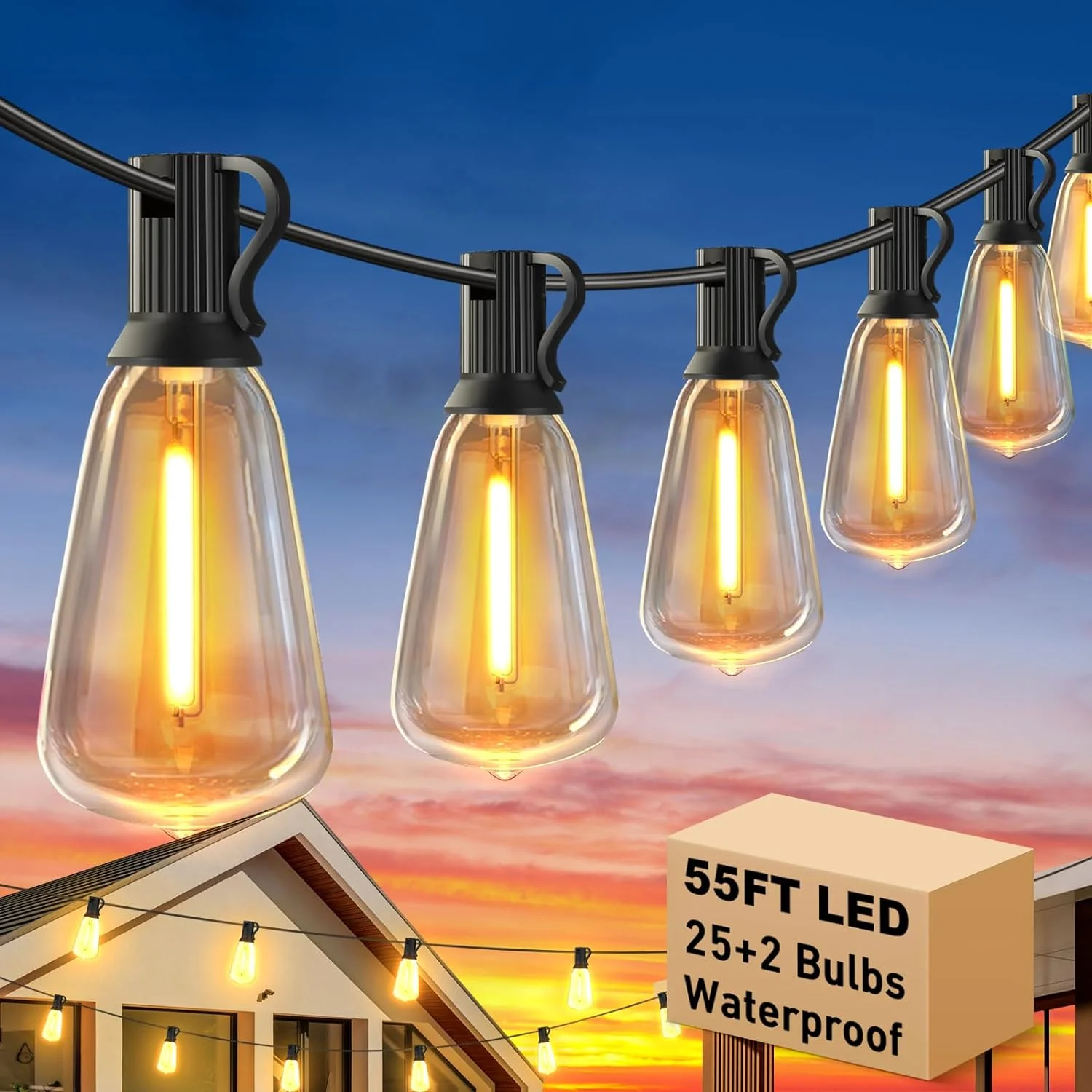 Illuminate Your Outdoors with 55FT Outdoor String Lights with 27 Shatterproof LED Edison Bulbs