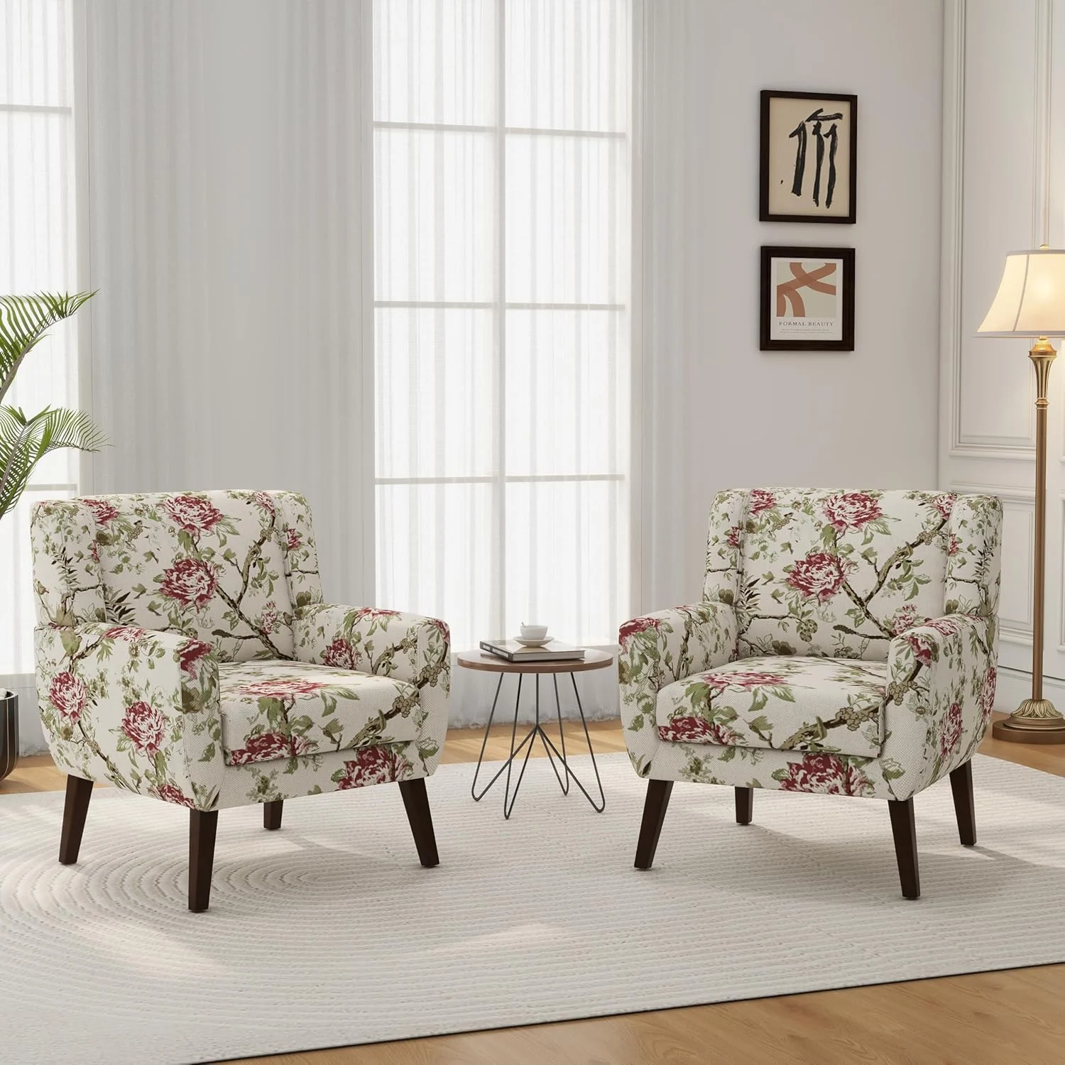 Discover Comfort and Style with the Accent Chair, Modern Linen Blend Arm Chair for Living Room, Bedroom, Comfy High-Resilient Sponge Reading Chair for Small Spaces (Pattern Red Floral, Set of 2)
