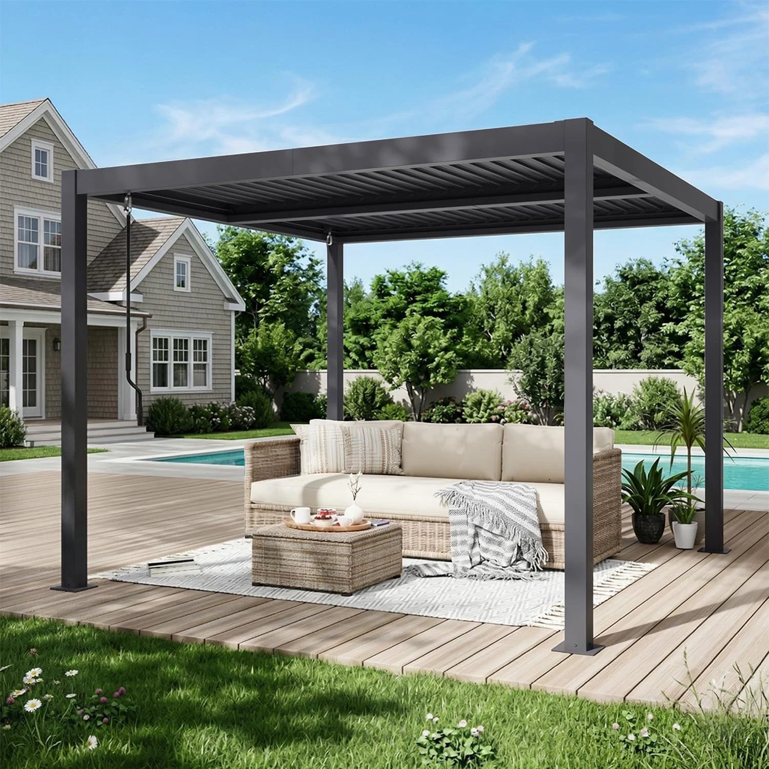 Transform Your Outdoor Space with the MELLCOM Pergola Louvered, Metal Hardtop Pergola with Adjustable Roof for Sun & Rain Shade