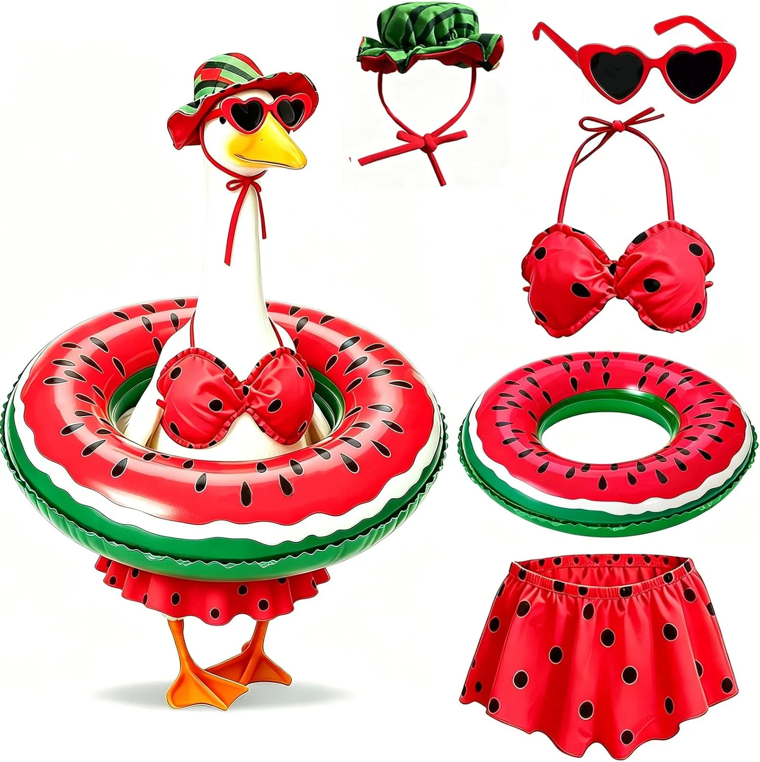 Transform Your Garden with Porch Goose Outfits, Summer Hawaiian Watermelon Bikini Porch Goose with Swimsuit Swim Ring Hat Sunglasses
