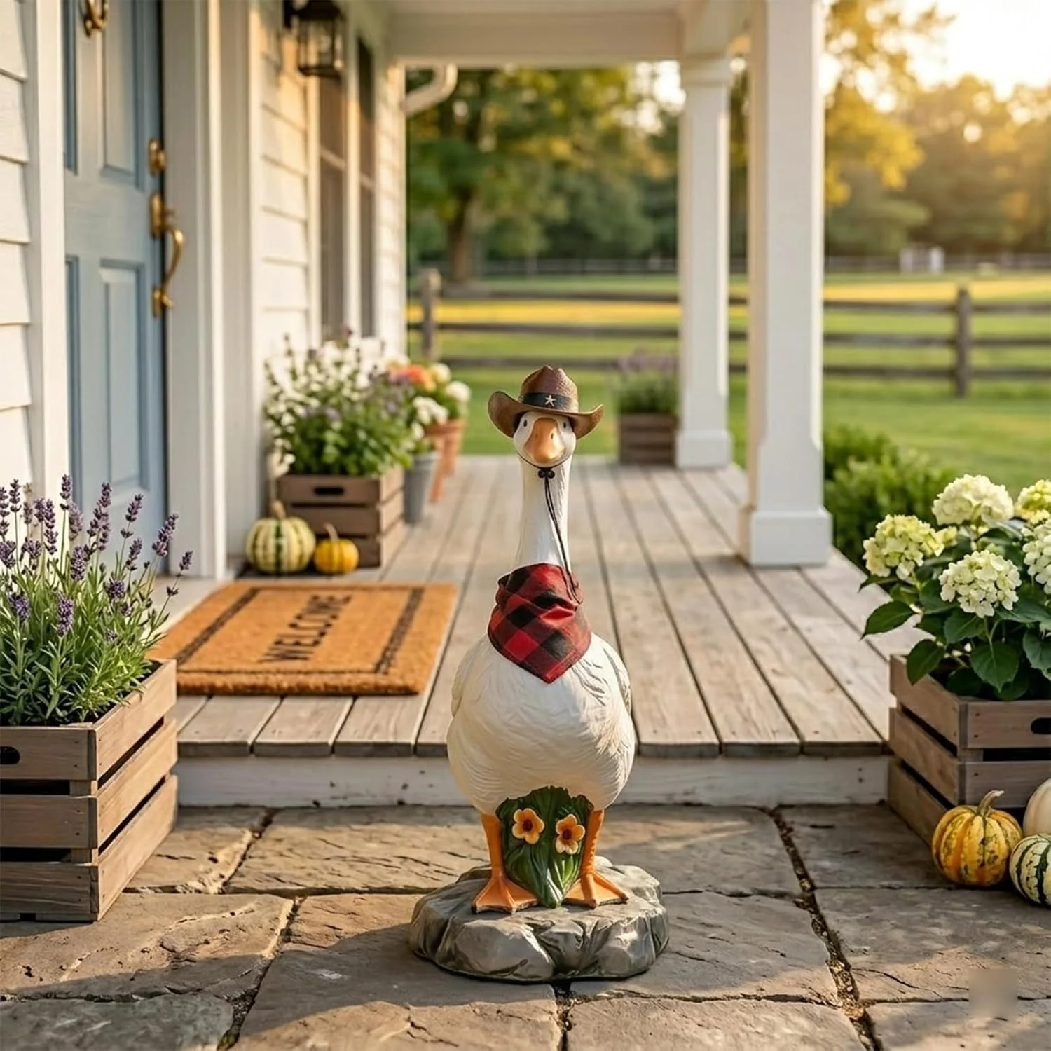 Enhance Your Garden Aesthetic with the Porch Goose Statue, Realistic Hollow Plastic Garden Goose with Removable Cowboy Hat & Bandana