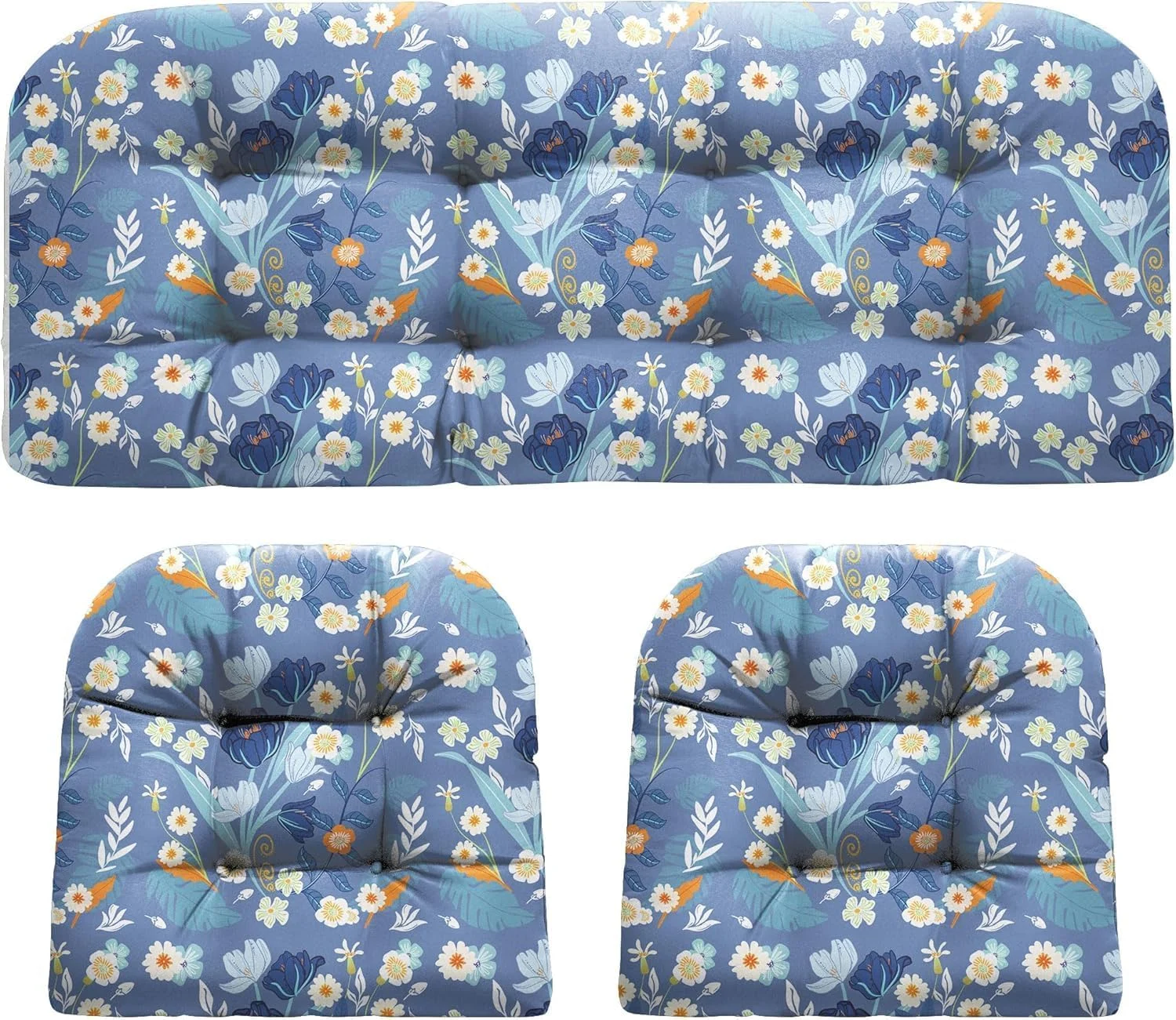 Enhance Your Outdoor Space with Wicker Chair Cushions of 3 Pieces, Waterproof Outdoor Wicker Chair Cushions for Patio Furniture Loveseat Settee Couch, 1 Loveseat and 2 U-Shaped Thickened Cushion, Blue-Floral